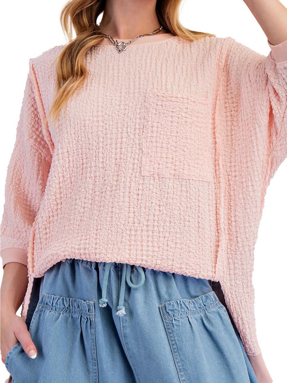 easel Light Pink Waffle Knit Pocket Sweatshirt